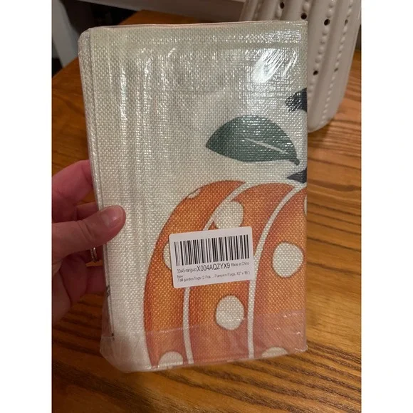 Fall Garden Flags 2 Piece Set Welcome Pumpkin Polka Dot Plaid 12 x 18 Inch - Picture 3 of 3